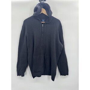 Vintage Womens 1X Black Cardigan Cable Knit Full Zip Hooded Pockets Minimalist